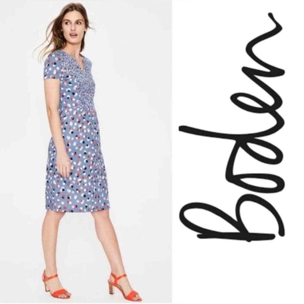 Boden Emory Jersey Polka Dot Periwinkle Blue, Red & White Knee Length Dress Sz 8 - Picture 3 of 11